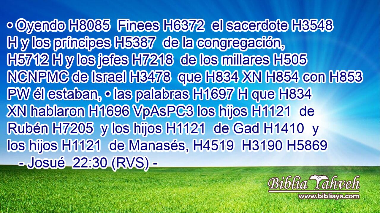 • Oyendo H8085  Finees H6372  el sacerdote H3548 H y los príncipes H5387  de la congregación, H5712 H y los jefes H7218  de los millares H505 NCNPMC de Israel H3478  que H834 XN H854 con H853 PW él estaban, • las palabras H1697 H que H834 XN hablaron H1696 VpAsPC3 los hijos H1121  de Rubén H7205  y los hijos H1121  de Gad H1410  y los hijos H1121  de Manasés, H4519  H3190 H5869 