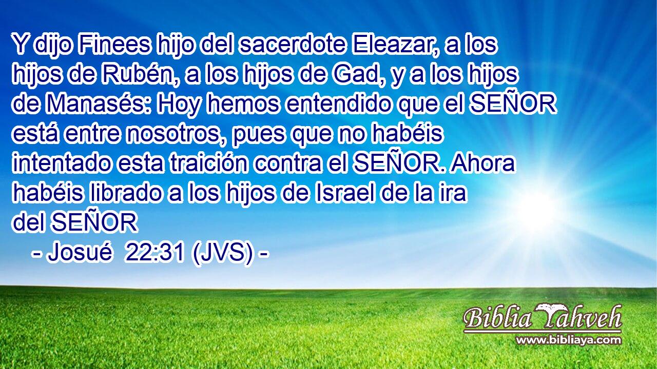 Y dijo Finees hijo del sacerdote Eleazar, a los hijos de Rubén, a los hijos de Gad, y a los hijos de Manasés: Hoy hemos entendido que el SEÑOR está entre nosotros, pues que no habéis intentado esta traición contra el SEÑOR. Ahora habéis librado a los hijos de Israel de la ira del SEÑOR