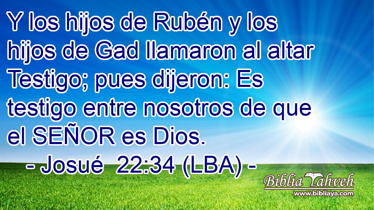 Y los hijos de Rubén y los hijos de Gad llamaron al altar Testigo; pues dijeron: Es testigo entre nosotros de que el SEÑOR es Dios.