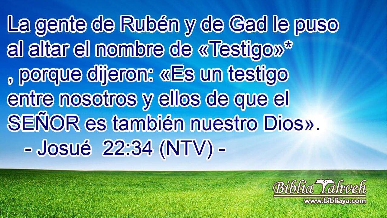 La gente de Rubén y de Gad le puso al altar el nombre de «Testigo»* , porque dijeron: «Es un testigo entre nosotros y ellos de que el SEÑOR es también nuestro Dios».
