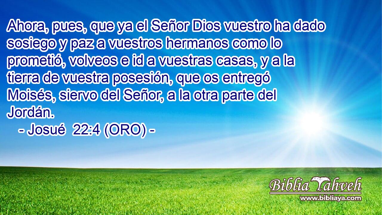  Ahora, pues, que ya el Señor Dios vuestro ha dado sosiego y paz a vuestros hermanos como lo prometió, volveos e id a vuestras casas, y a la tierra de vuestra posesión, que os entregó Moisés, siervo del Señor, a la otra parte del Jordán. 