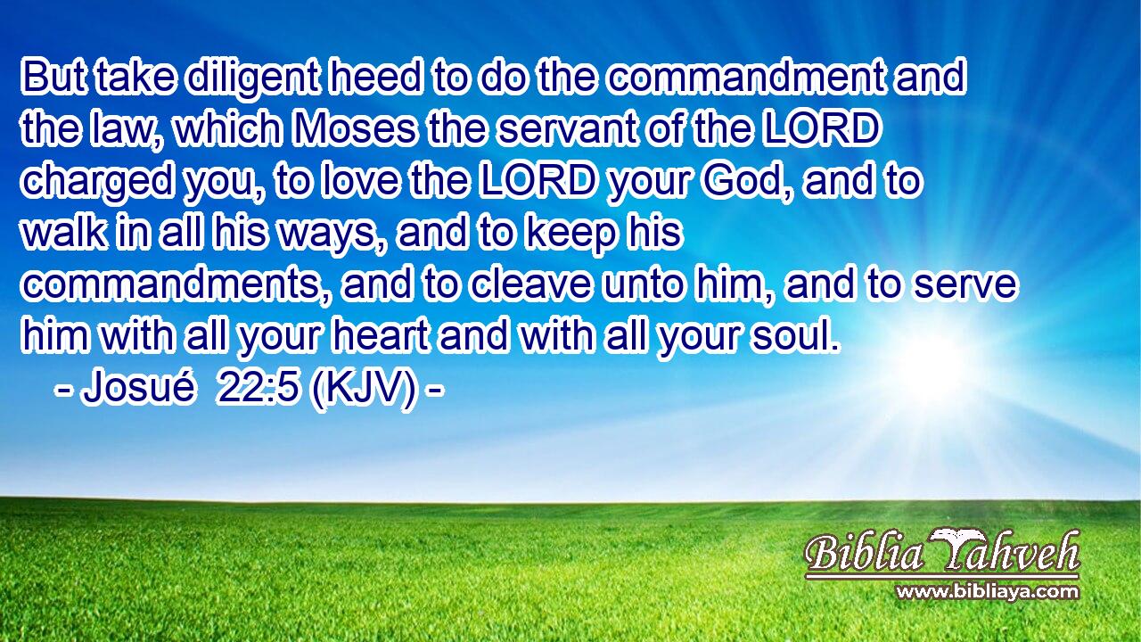 But take diligent heed to do the commandment and the law, which Moses the servant of the LORD charged you, to love the LORD your God, and to walk in all his ways, and to keep his commandments, and to cleave unto him, and to serve him with all your heart and with all your soul.