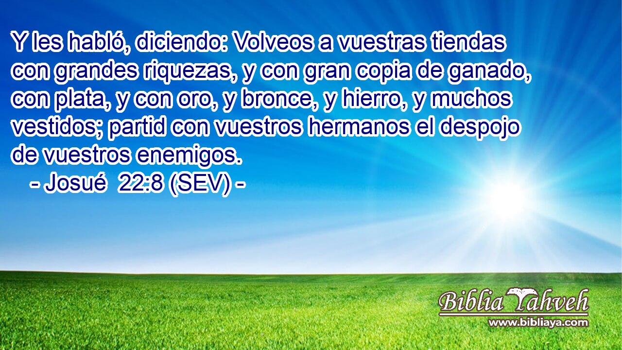Y les habló, diciendo: Volveos a vuestras tiendas con grandes riquezas, y con gran copia de ganado, con plata, y con oro, y bronce, y hierro, y muchos vestidos; partid con vuestros hermanos el despojo de vuestros enemigos.