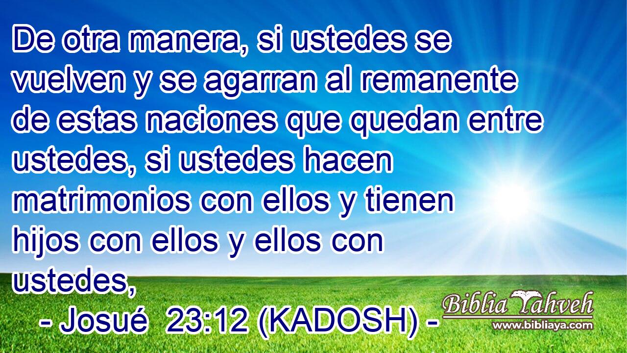  De otra manera, si ustedes se vuelven y se agarran al remanente de estas naciones que quedan entre ustedes, si ustedes hacen matrimonios con ellos y tienen hijos con ellos y ellos con ustedes, 