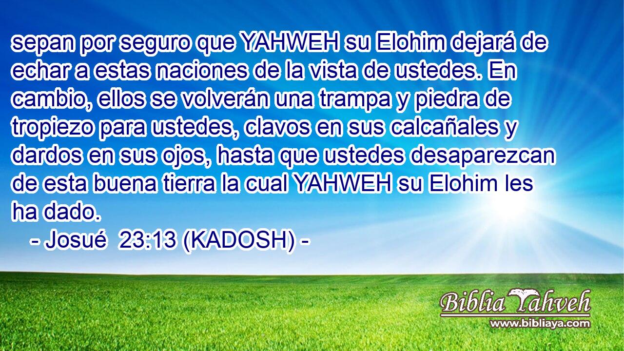  sepan por seguro que YAHWEH su Elohim dejará de echar a estas naciones de la vista de ustedes. En cambio, ellos se volverán una trampa y piedra de tropiezo para ustedes, clavos en sus calcañales y dardos en sus ojos, hasta que ustedes desaparezcan de esta buena tierra la cual YAHWEH su Elohim les ha dado. 