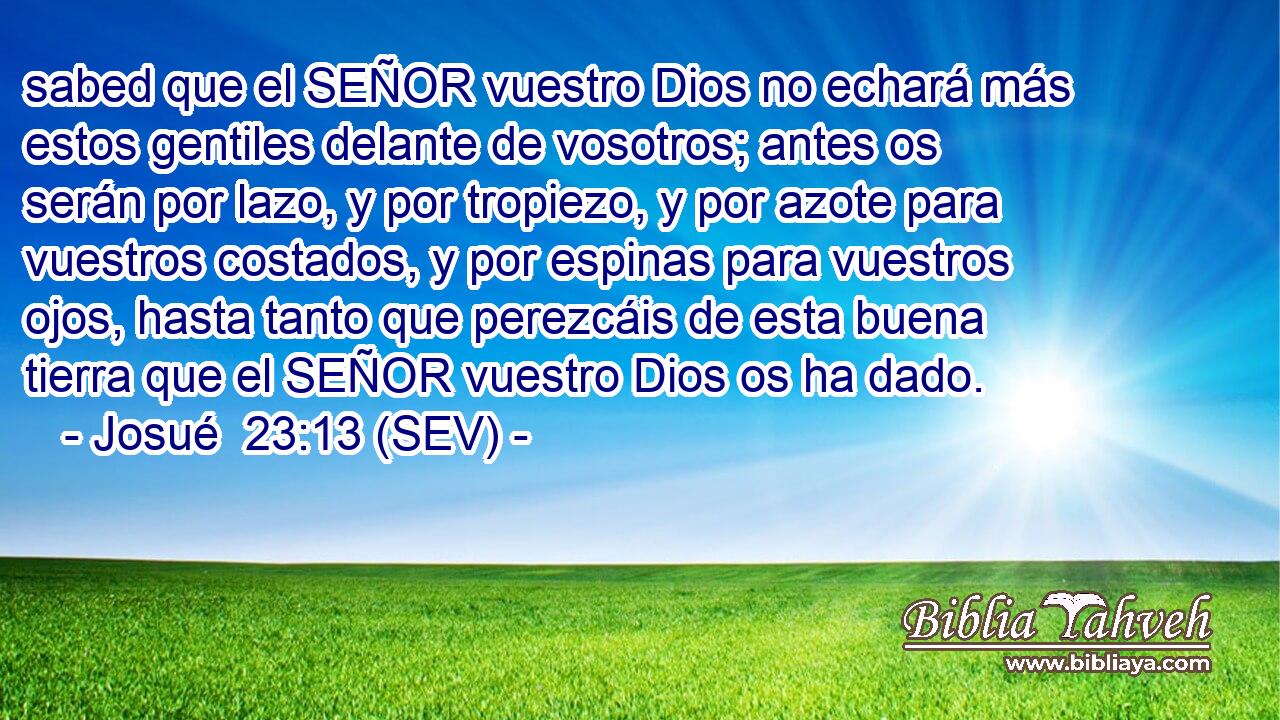 sabed que el SEÑOR vuestro Dios no echará más estos gentiles delante de vosotros; antes os serán por lazo, y por tropiezo, y por azote para vuestros costados, y por espinas para vuestros ojos, hasta tanto que perezcáis de esta buena tierra que el SEÑOR vuestro Dios os ha dado.