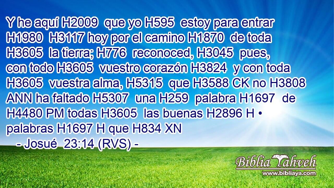 Y he aquí H2009  que yo H595  estoy para entrar H1980  H3117 hoy por el camino H1870  de toda H3605  la tierra; H776  reconoced, H3045  pues, con todo H3605  vuestro corazón H3824  y con toda H3605  vuestra alma, H5315  que H3588 CK no H3808 ANN ha faltado H5307  una H259  palabra H1697  de H4480 PM todas H3605  las buenas H2896 H • palabras H1697 H que H834 XN