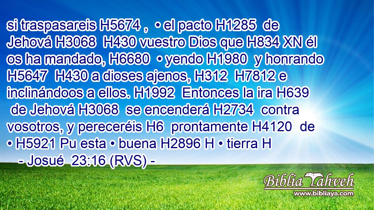 si traspasareis H5674 ,  • el pacto H1285  de Jehová H3068  H430 vuestro Dios que H834 XN él os ha mandado, H6680  • yendo H1980  y honrando H5647  H430 a dioses ajenos, H312  H7812 e inclinándoos a ellos. H1992  Entonces la ira H639  de Jehová H3068  se encenderá H2734  contra vosotros, y pereceréis H6  prontamente H4120  de • H5921 Pu esta • buena H2896 H • tierra H