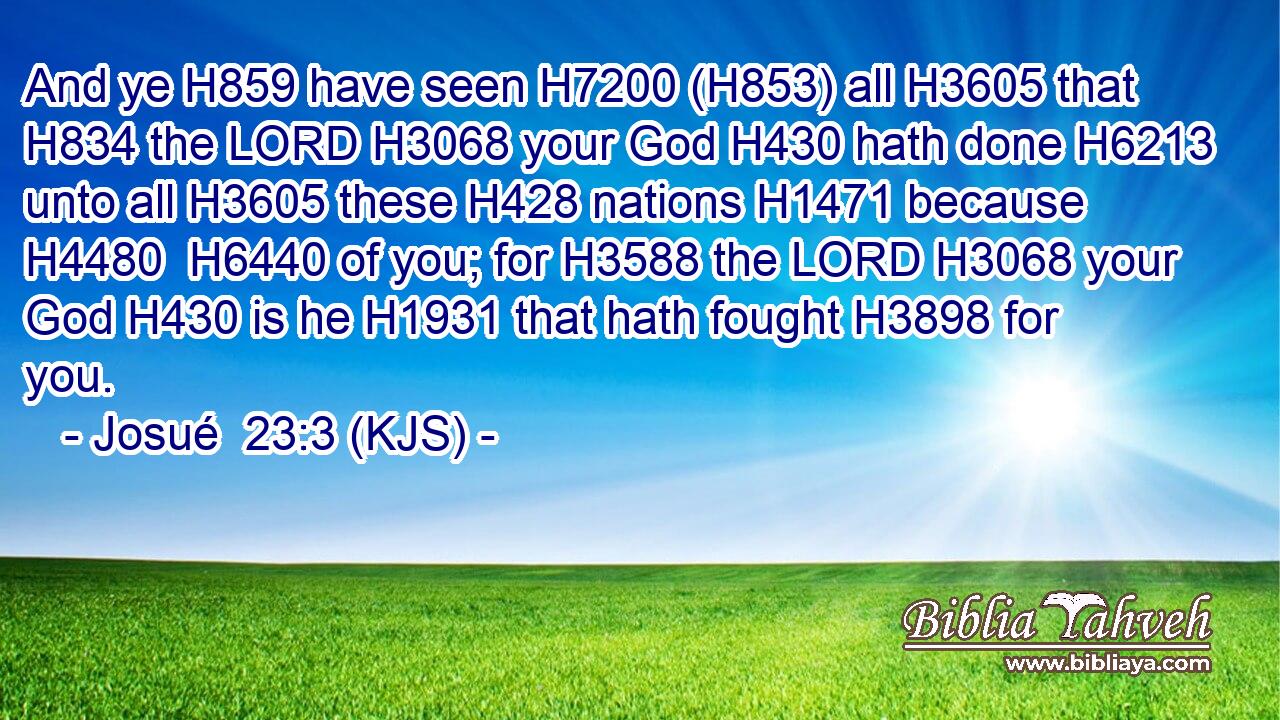 And ye H859 have seen H7200 (H853) all H3605 that H834 the LORD H3068 your God H430 hath done H6213 unto all H3605 these H428 nations H1471 because H4480  H6440 of you; for H3588 the LORD H3068 your God H430 is he H1931 that hath fought H3898 for you.