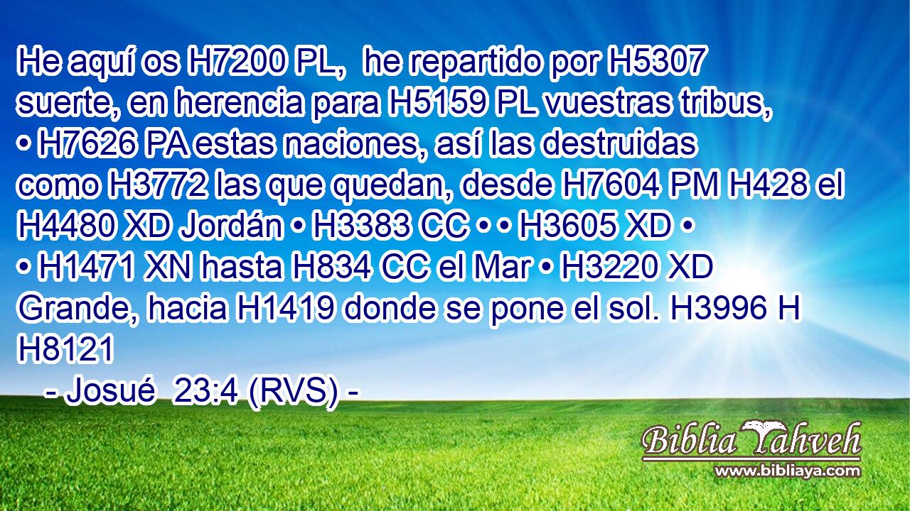 He aquí os H7200 PL,  he repartido por H5307 suerte, en herencia para H5159 PL vuestras tribus, • H7626 PA estas naciones, así las destruidas como H3772 las que quedan, desde H7604 PM H428 el H4480 XD Jordán • H3383 CC • • H3605 XD • • H1471 XN hasta H834 CC el Mar • H3220 XD Grande, hacia H1419 donde se pone el sol. H3996 H H8121 