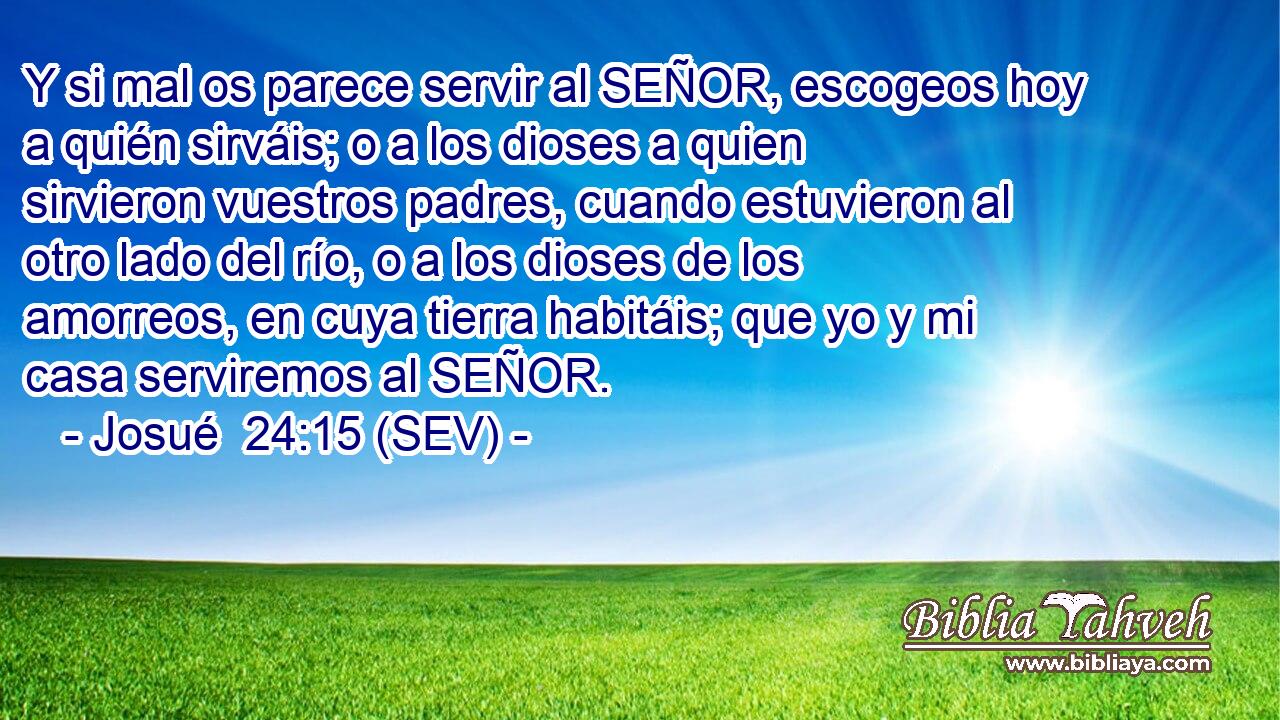 Y si mal os parece servir al SEÑOR, escogeos hoy a quién sirváis; o a los dioses a quien sirvieron vuestros padres, cuando estuvieron al otro lado del río, o a los dioses de los amorreos, en cuya tierra habitáis; que yo y mi casa serviremos al SEÑOR.