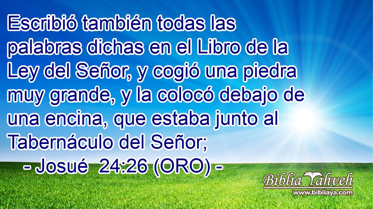  Escribió también todas las palabras dichas en el Libro de la Ley del Señor, y cogió una piedra muy grande, y la colocó debajo de una encina, que estaba junto al Tabernáculo del Señor; 