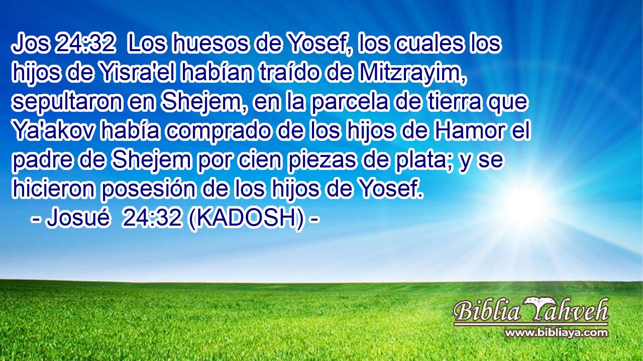  Los huesos de Yosef, los cuales los hijos de Yisra'el habían traído de Mitzrayim, sepultaron en Shejem, en la parcela de tierra que Ya'akov había comprado de los hijos de Hamor el padre de Shejem por cien piezas de plata; y se hicieron posesión de los hijos de Yosef. 