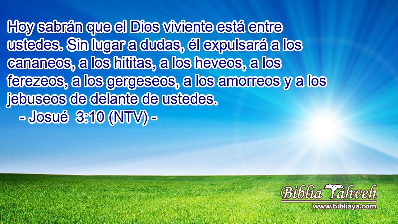 Hoy sabrán que el Dios viviente está entre ustedes. Sin lugar a dudas, él expulsará a los cananeos, a los hititas, a los heveos, a los ferezeos, a los gergeseos, a los amorreos y a los jebuseos de delante de ustedes.