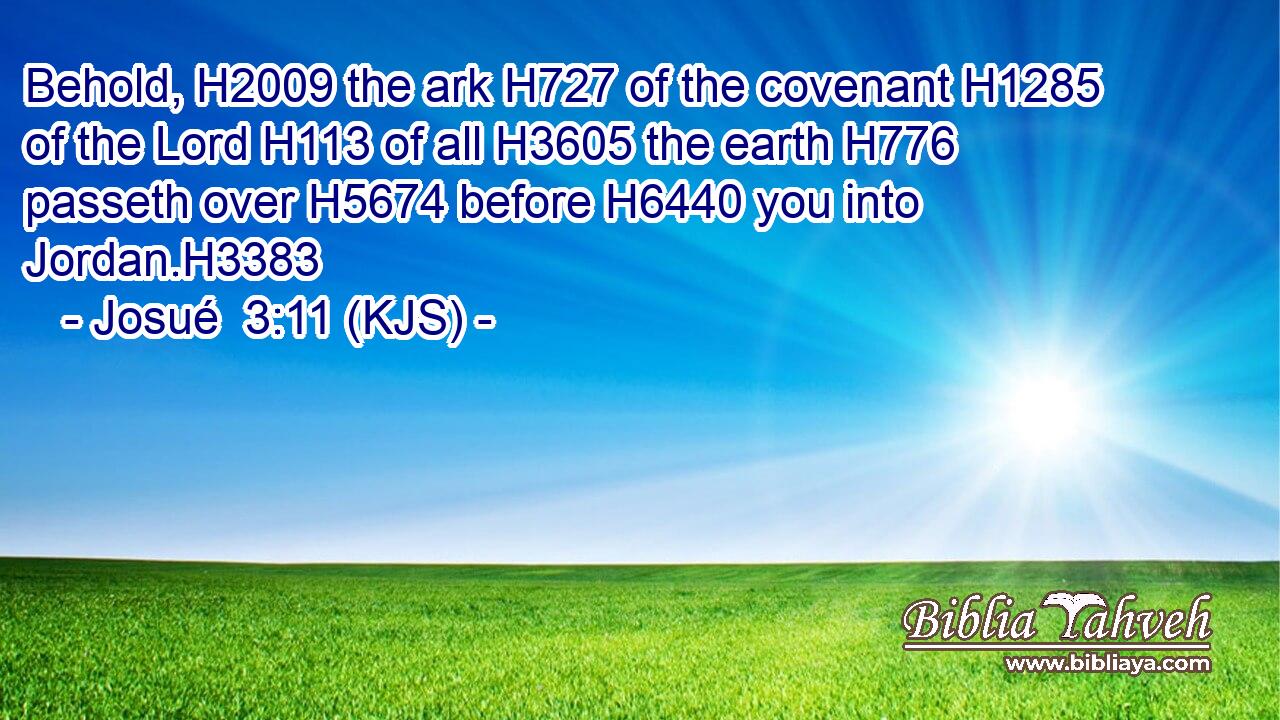 Behold, H2009 the ark H727 of the covenant H1285 of the Lord H113 of all H3605 the earth H776 passeth over H5674 before H6440 you into Jordan.H3383