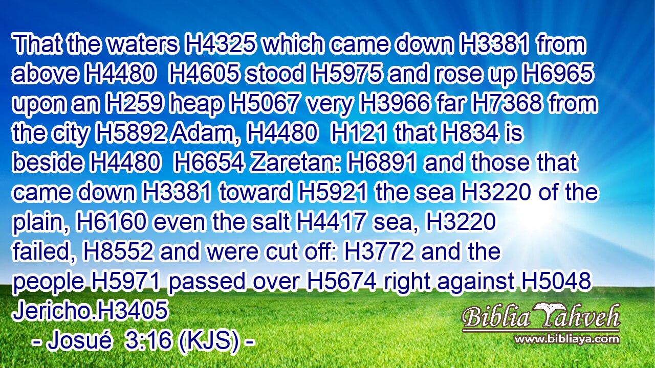 That the waters H4325 which came down H3381 from above H4480  H4605 stood H5975 and rose up H6965 upon an H259 heap H5067 very H3966 far H7368 from the city H5892 Adam, H4480  H121 that H834 is beside H4480  H6654 Zaretan: H6891 and those that came down H3381 toward H5921 the sea H3220 of the plain, H6160 even the salt H4417 sea, H3220 failed, H8552 and were cut off: H3772 and the people H5971 passed over H5674 right against H5048 Jericho.H3405