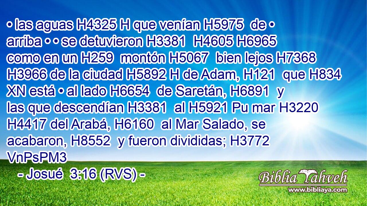 • las aguas H4325 H que venían H5975  de • arriba • • se detuvieron H3381  H4605 H6965 como en un H259  montón H5067  bien lejos H7368  H3966 de la ciudad H5892 H de Adam, H121  que H834 XN está • al lado H6654  de Saretán, H6891  y las que descendían H3381  al H5921 Pu mar H3220  H4417 del Arabá, H6160  al Mar Salado, se acabaron, H8552  y fueron divididas; H3772 VnPsPM3 