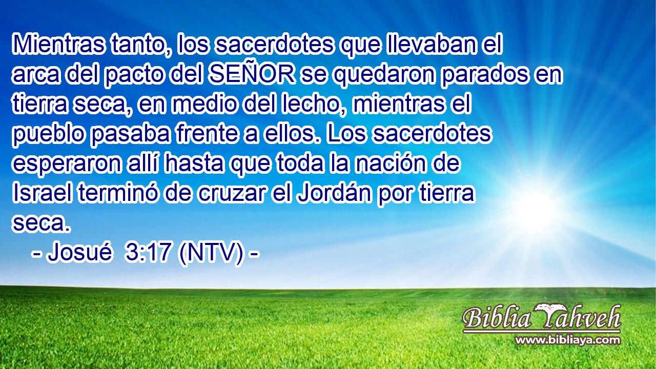 Mientras tanto, los sacerdotes que llevaban el arca del pacto del SEÑOR se quedaron parados en tierra seca, en medio del lecho, mientras el pueblo pasaba frente a ellos. Los sacerdotes esperaron allí hasta que toda la nación de Israel terminó de cruzar el Jordán por tierra seca.