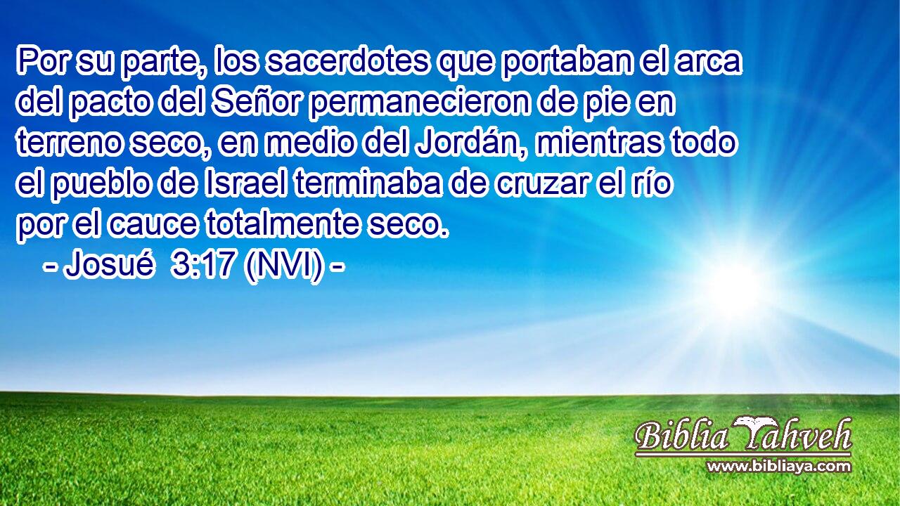 Por su parte, los sacerdotes que portaban el arca del pacto del Señor permanecieron de pie en terreno seco, en medio del Jordán, mientras todo el pueblo de Israel terminaba de cruzar el río por el cauce totalmente seco. 