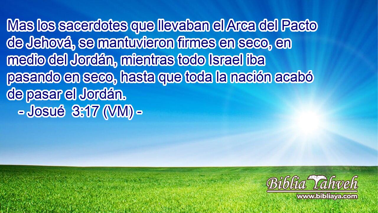  Mas los sacerdotes que llevaban el Arca del Pacto de Jehová, se mantuvieron firmes en seco, en medio del Jordán, mientras todo Israel iba pasando en seco, hasta que toda la nación acabó de pasar el Jordán. 