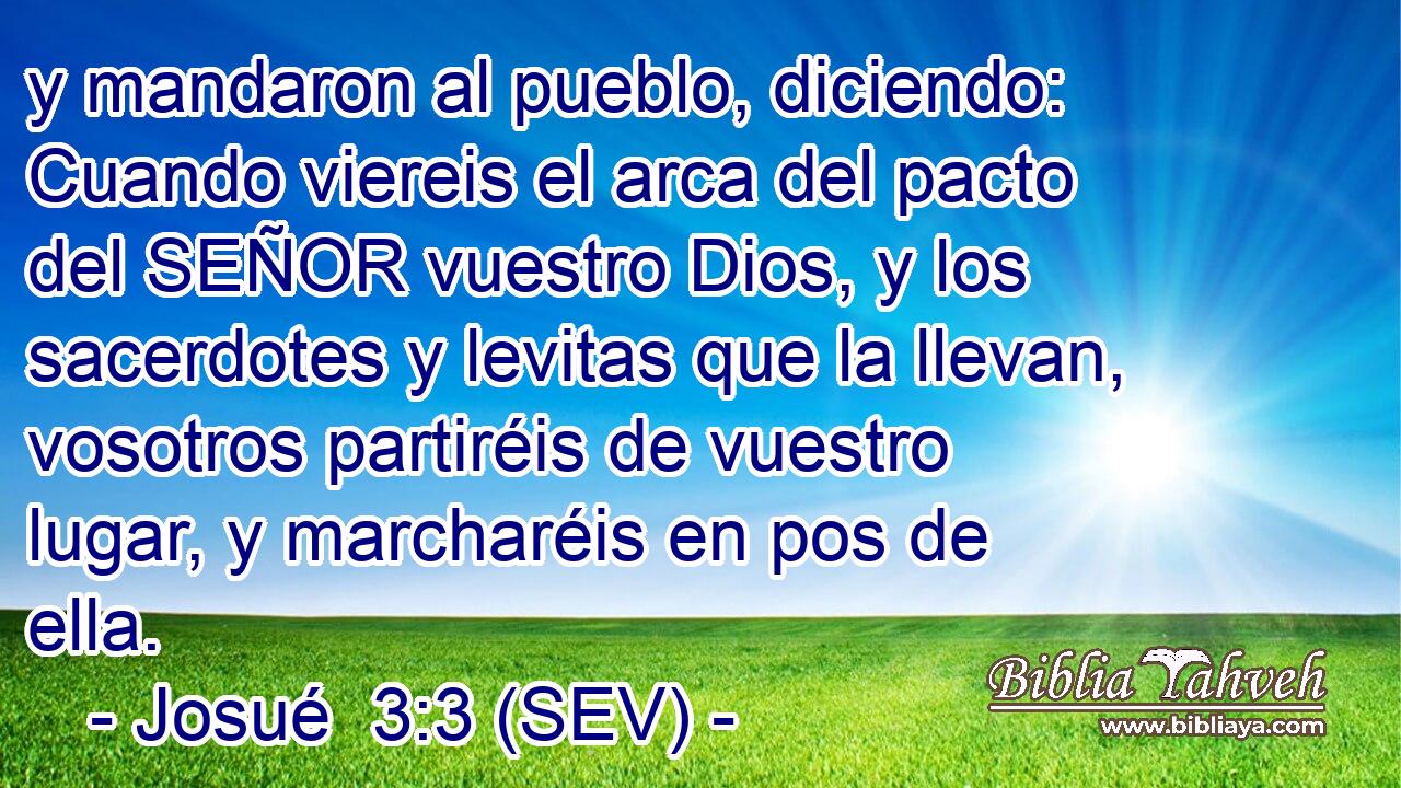 y mandaron al pueblo, diciendo: Cuando viereis el arca del pacto del SEÑOR vuestro Dios, y los sacerdotes y levitas que la llevan, vosotros partiréis de vuestro lugar, y marcharéis en pos de ella.