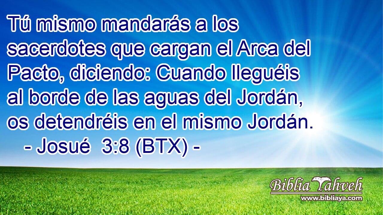 Tú mismo mandarás a los sacerdotes que cargan el Arca del Pacto, diciendo: Cuando lleguéis al borde de las aguas del Jordán, os detendréis en el mismo Jordán.