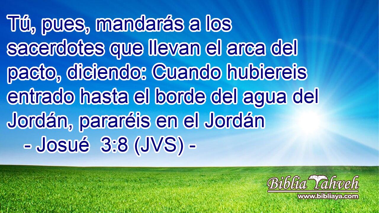Tú, pues, mandarás a los sacerdotes que llevan el arca del pacto, diciendo: Cuando hubiereis entrado hasta el borde del agua del Jordán, pararéis en el Jordán