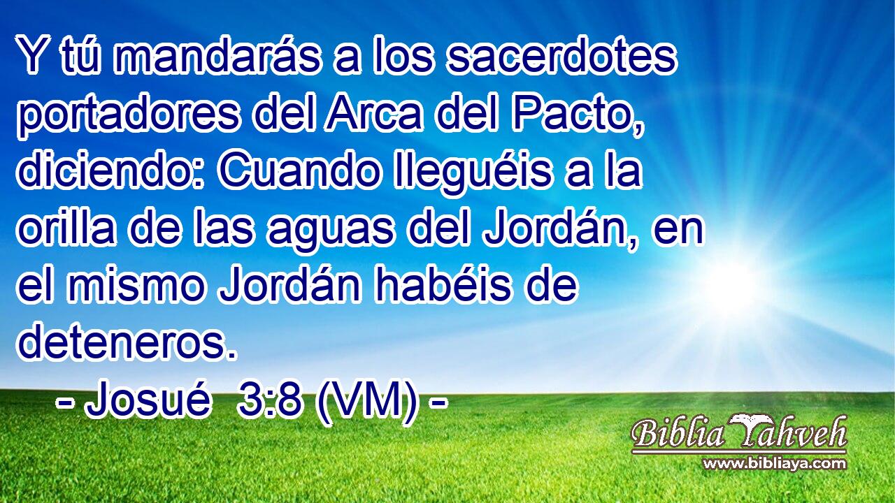  Y tú mandarás a los sacerdotes portadores del Arca del Pacto, diciendo: Cuando lleguéis a la orilla de las aguas del Jordán, en el mismo Jordán habéis de deteneros. 