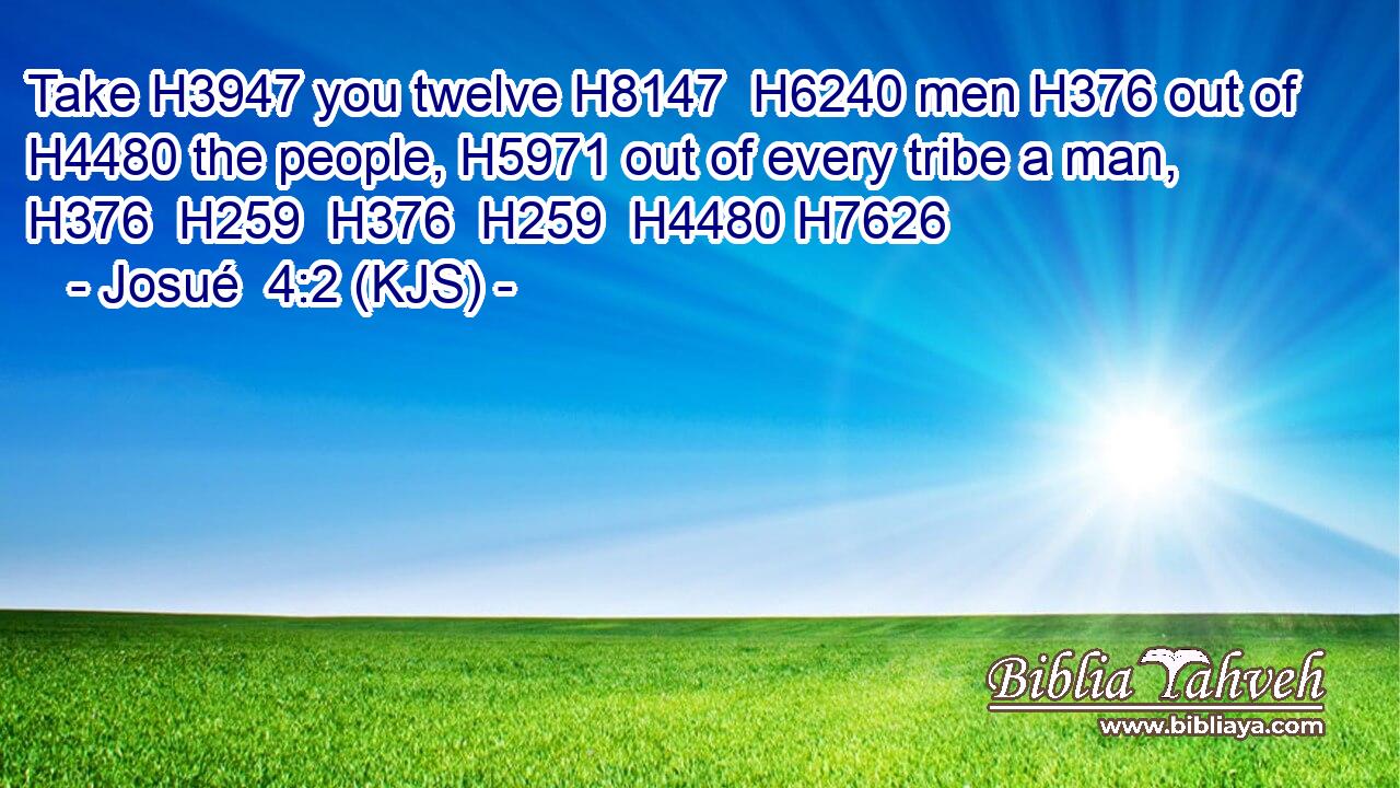 Take H3947 you twelve H8147  H6240 men H376 out of H4480 the people, H5971 out of every tribe a man, H376  H259  H376  H259  H4480 H7626
