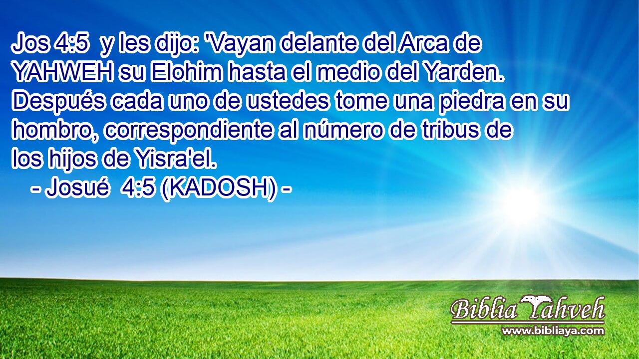  y les dijo: 'Vayan delante del Arca de YAHWEH su Elohim hasta el medio del Yarden. Después cada uno de ustedes tome una piedra en su hombro, correspondiente al número de tribus de los hijos de Yisra'el. 