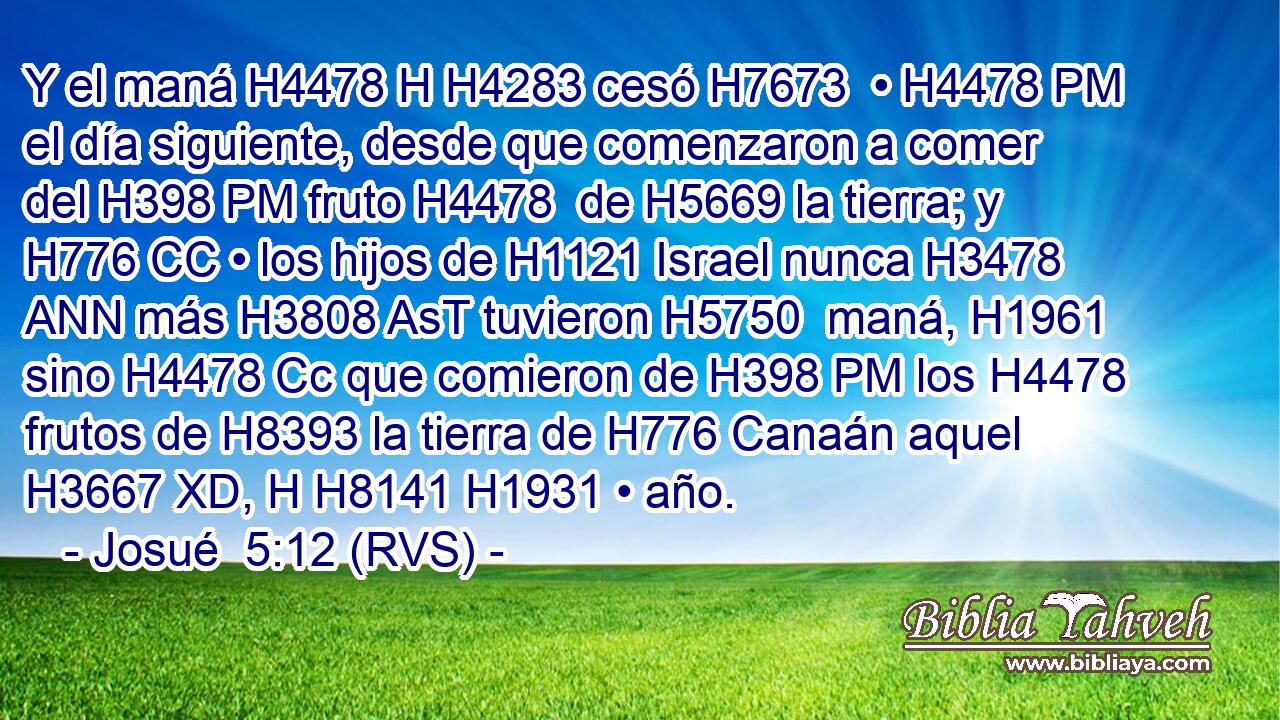 Y el maná H4478 H H4283 cesó H7673  • H4478 PM el día siguiente, desde que comenzaron a comer del H398 PM fruto H4478  de H5669 la tierra; y H776 CC • los hijos de H1121 Israel nunca H3478 ANN más H3808 AsT tuvieron H5750  maná, H1961  sino H4478 Cc que comieron de H398 PM los H4478 frutos de H8393 la tierra de H776 Canaán aquel H3667 XD, H H8141 H1931 • año. 