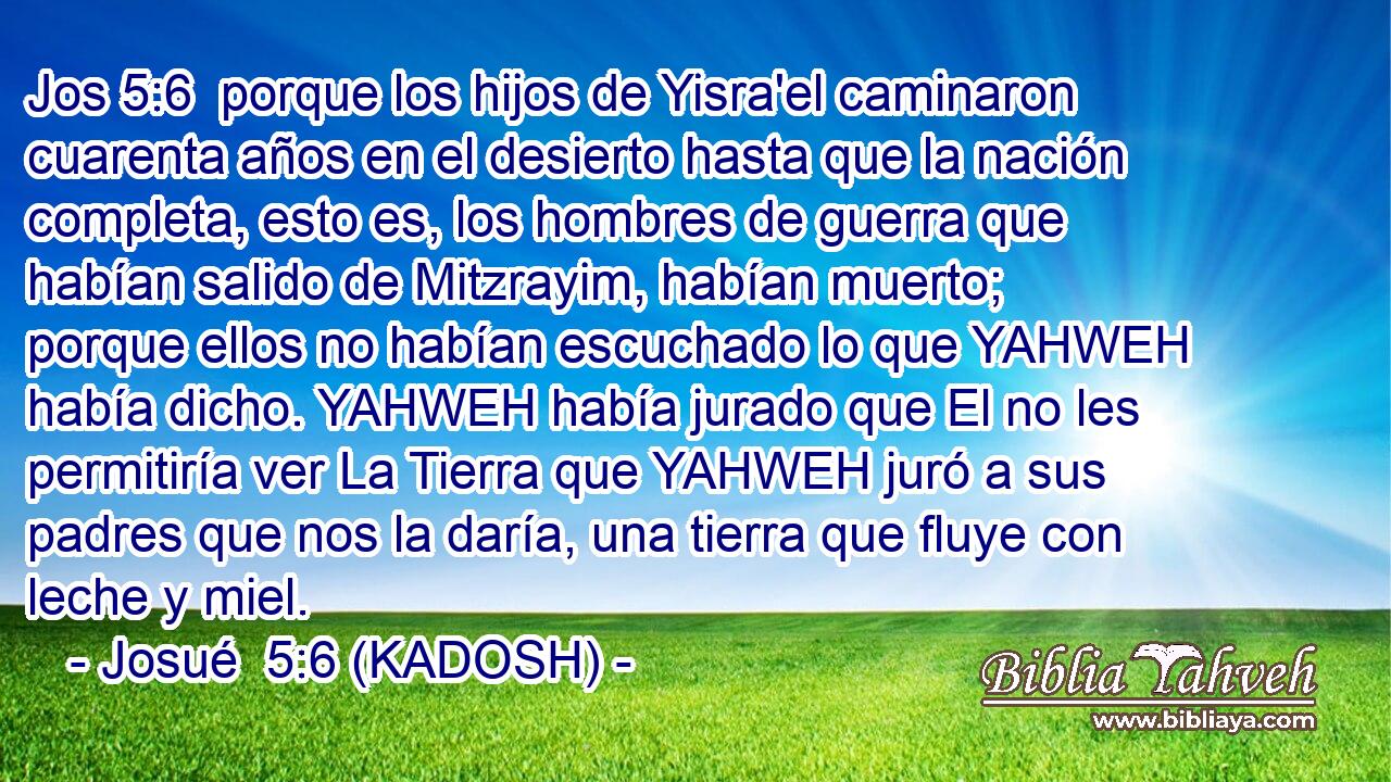 porque los hijos de Yisra'el caminaron cuarenta años en el desierto hasta que la nación completa, esto es, los hombres de guerra que habían salido de Mitzrayim, habían muerto; porque ellos no habían escuchado lo que YAHWEH había dicho. YAHWEH había jurado que El no les permitiría ver La Tierra que YAHWEH juró a sus padres que nos la daría, una tierra que fluye con leche y miel. 