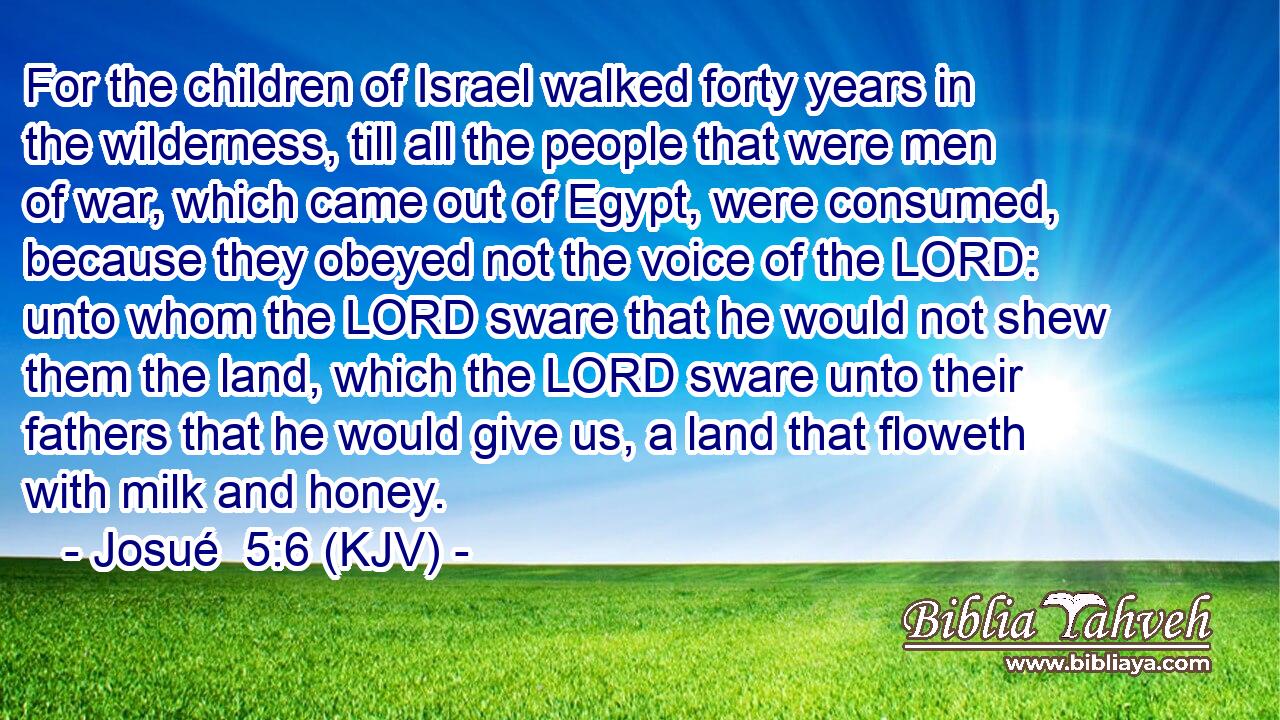 For the children of Israel walked forty years in the wilderness, till all the people that were men of war, which came out of Egypt, were consumed, because they obeyed not the voice of the LORD: unto whom the LORD sware that he would not shew them the land, which the LORD sware unto their fathers that he would give us, a land that floweth with milk and honey.
