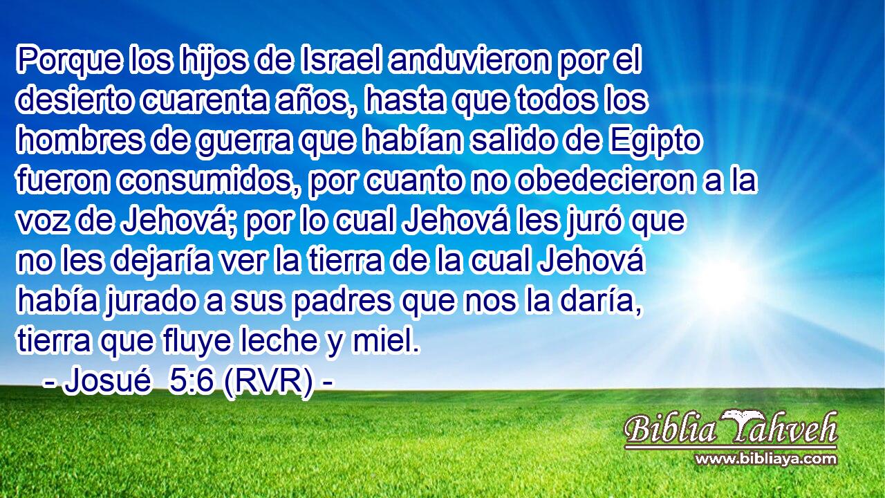 Porque los hijos de Israel anduvieron por el desierto cuarenta años, hasta que todos los hombres de guerra que habían salido de Egipto fueron consumidos, por cuanto no obedecieron a la voz de Jehová; por lo cual Jehová les juró que no les dejaría ver la tierra de la cual Jehová había jurado a sus padres que nos la daría, tierra que fluye leche y miel.