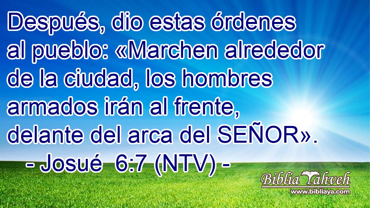 Después, dio estas órdenes al pueblo: «Marchen alrededor de la ciudad, los hombres armados irán al frente, delante del arca del SEÑOR».