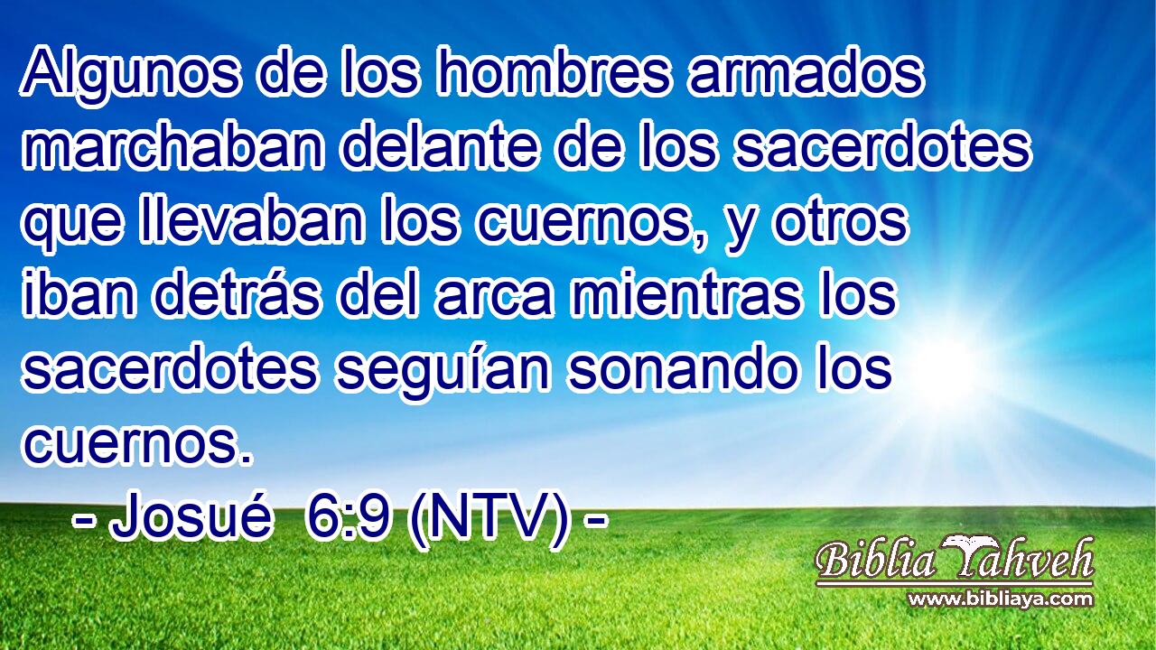 Algunos de los hombres armados marchaban delante de los sacerdotes que llevaban los cuernos, y otros iban detrás del arca mientras los sacerdotes seguían sonando los cuernos.