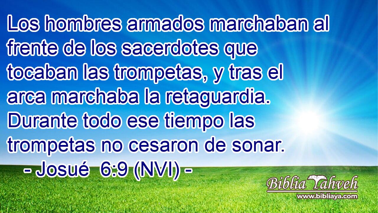  Los hombres armados marchaban al frente de los sacerdotes que tocaban las trompetas, y tras el arca marchaba la retaguardia. Durante todo ese tiempo las trompetas no cesaron de sonar. 
