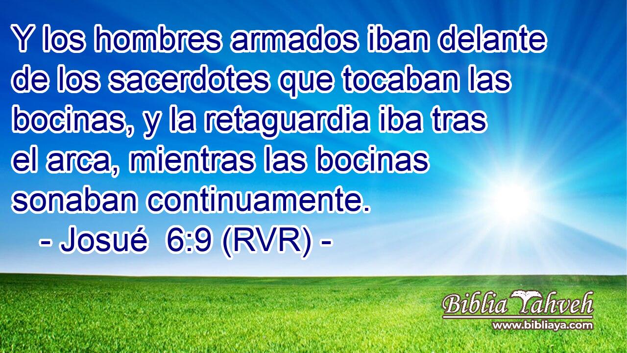 Y los hombres armados iban delante de los sacerdotes que tocaban las bocinas, y la retaguardia iba tras el arca, mientras las bocinas sonaban continuamente.