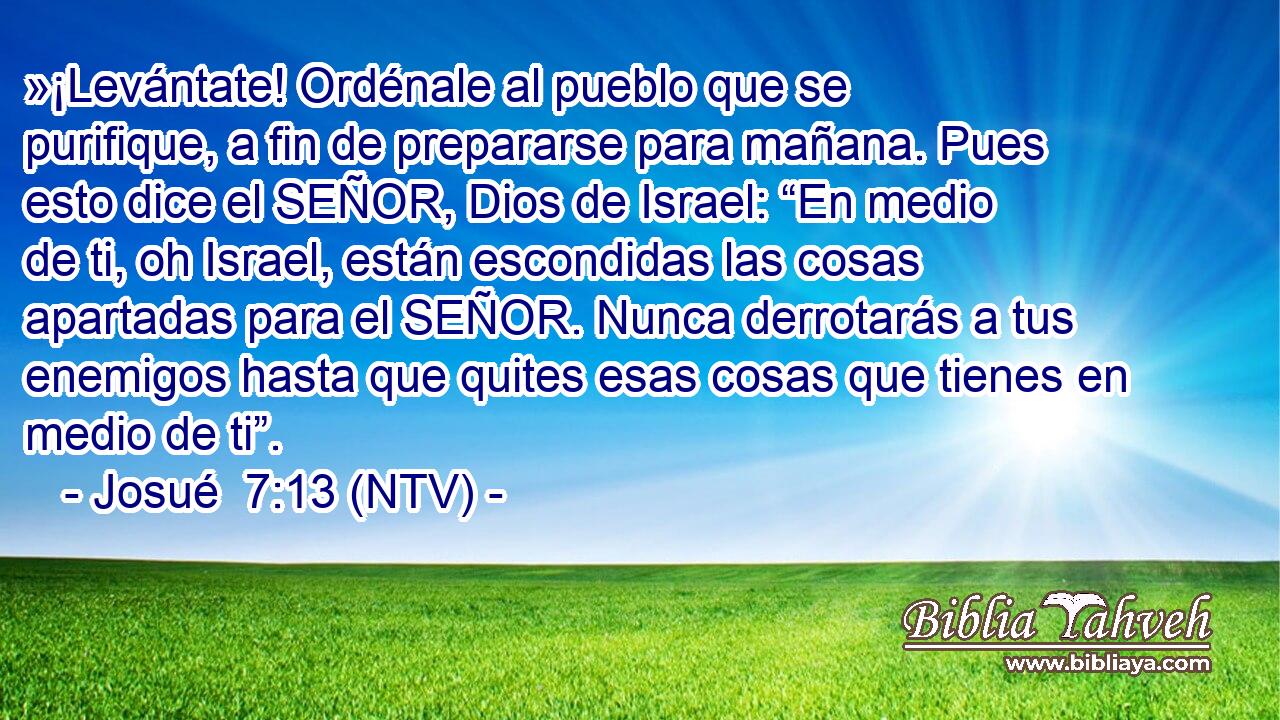 »¡Levántate! Ordénale al pueblo que se purifique, a fin de prepararse para mañana. Pues esto dice el SEÑOR, Dios de Israel: “En medio de ti, oh Israel, están escondidas las cosas apartadas para el SEÑOR. Nunca derrotarás a tus enemigos hasta que quites esas cosas que tienes en medio de ti”.