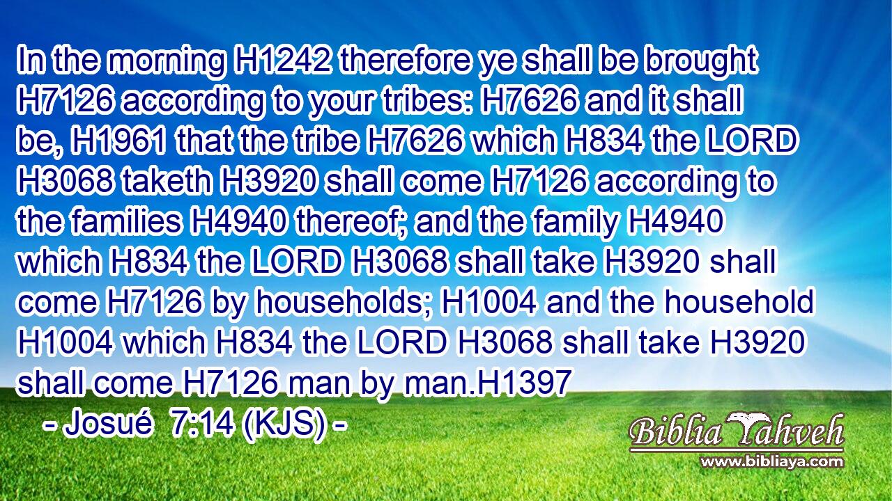 In the morning H1242 therefore ye shall be brought H7126 according to your tribes: H7626 and it shall be, H1961 that the tribe H7626 which H834 the LORD H3068 taketh H3920 shall come H7126 according to the families H4940 thereof; and the family H4940 which H834 the LORD H3068 shall take H3920 shall come H7126 by households; H1004 and the household H1004 which H834 the LORD H3068 shall take H3920 shall come H7126 man by man.H1397