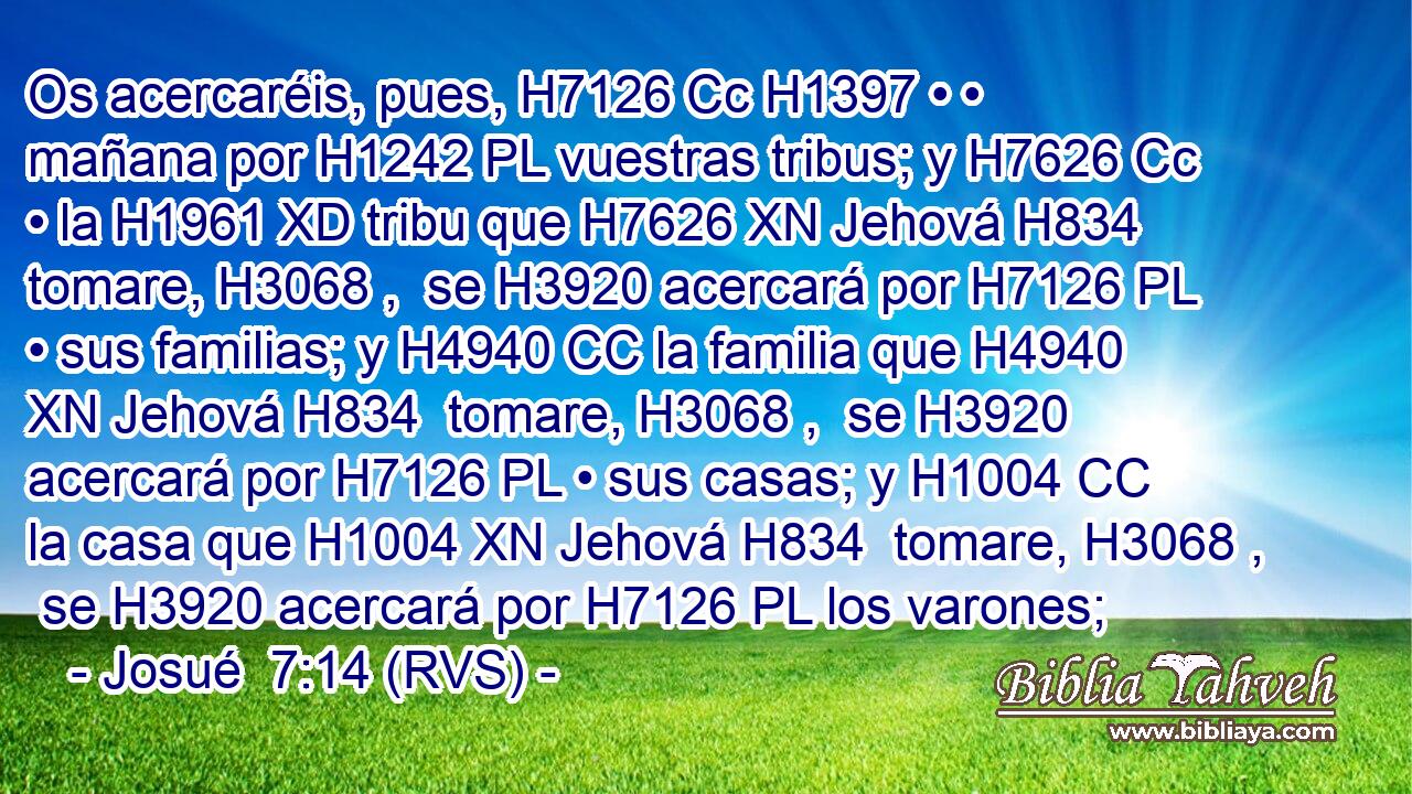 Os acercaréis, pues, H7126 Cc H1397 • • mañana por H1242 PL vuestras tribus; y H7626 Cc • la H1961 XD tribu que H7626 XN Jehová H834  tomare, H3068 ,  se H3920 acercará por H7126 PL • sus familias; y H4940 CC la familia que H4940 XN Jehová H834  tomare, H3068 ,  se H3920 acercará por H7126 PL • sus casas; y H1004 CC la casa que H1004 XN Jehová H834  tomare, H3068 ,  se H3920 acercará por H7126 PL los varones; 