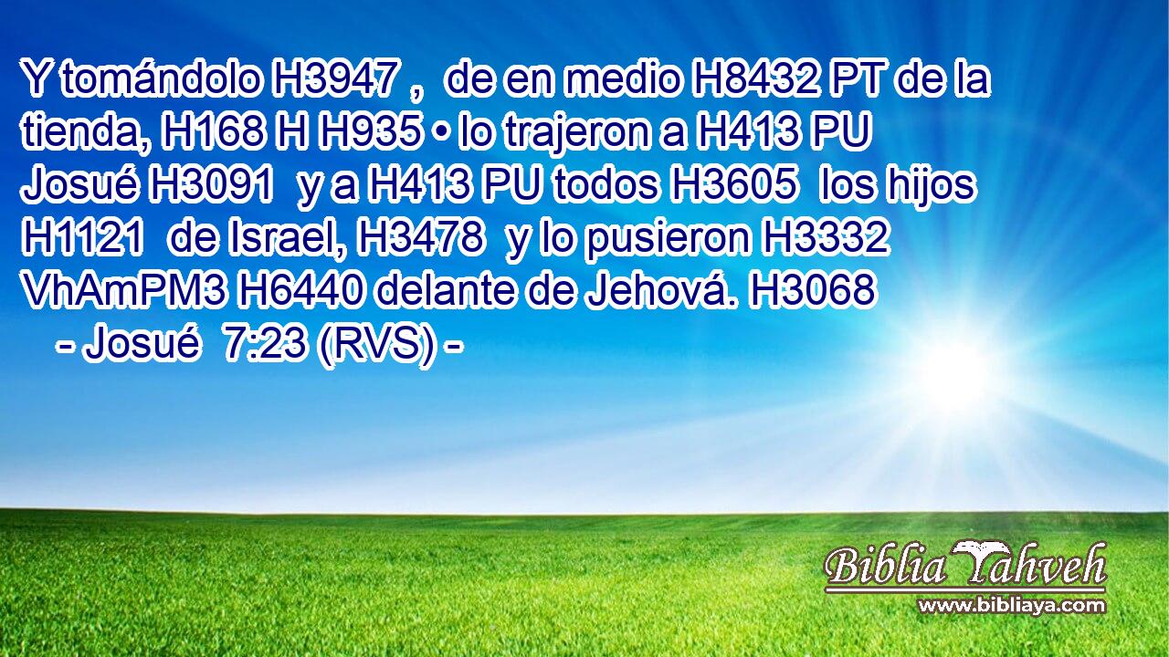 Y tomándolo H3947 ,  de en medio H8432 PT de la tienda, H168 H H935 • lo trajeron a H413 PU Josué H3091  y a H413 PU todos H3605  los hijos H1121  de Israel, H3478  y lo pusieron H3332 VhAmPM3 H6440 delante de Jehová. H3068  