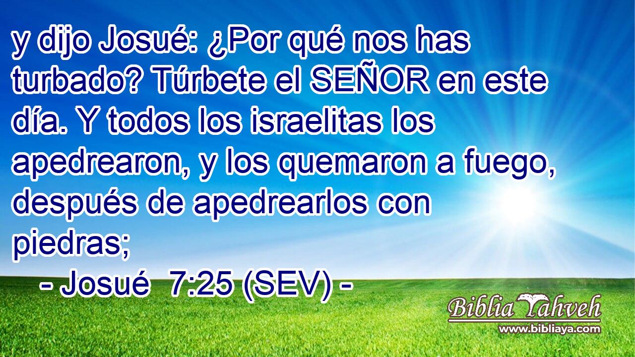 y dijo Josué: ¿Por qué nos has turbado? Túrbete el SEÑOR en este día. Y todos los israelitas los apedrearon, y los quemaron a fuego, después de apedrearlos con piedras;