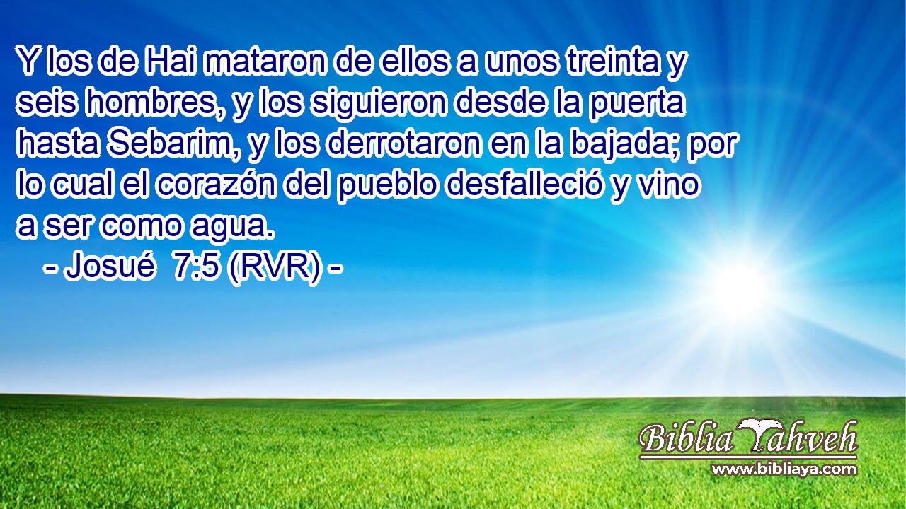 Y los de Hai mataron de ellos a unos treinta y seis hombres, y los siguieron desde la puerta hasta Sebarim, y los derrotaron en la bajada; por lo cual el corazón del pueblo desfalleció y vino a ser como agua.