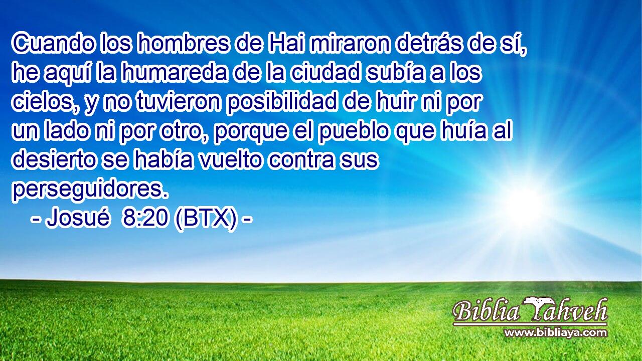 Cuando los hombres de Hai miraron detrás de sí, he aquí la humareda de la ciudad subía a los cielos, y no tuvieron posibilidad de huir ni por un lado ni por otro, porque el pueblo que huía al desierto se había vuelto contra sus perseguidores.