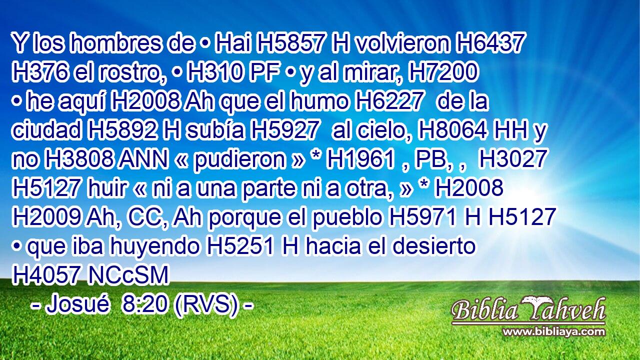 Y los hombres de • Hai H5857 H volvieron H6437  H376 el rostro, • H310 PF • y al mirar, H7200  • he aquí H2008 Ah que el humo H6227  de la ciudad H5892 H subía H5927  al cielo, H8064 HH y no H3808 ANN « pudieron » * H1961 , PB, ,  H3027 H5127 huir « ni a una parte ni a otra, » * H2008 H2009 Ah, CC, Ah porque el pueblo H5971 H H5127 • que iba huyendo H5251 H hacia el desierto H4057 NCcSM