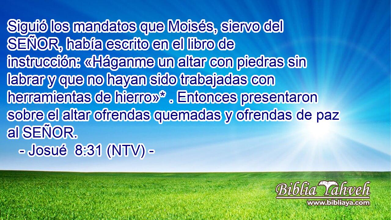 Siguió los mandatos que Moisés, siervo del SEÑOR, había escrito en el libro de instrucción: «Háganme un altar con piedras sin labrar y que no hayan sido trabajadas con herramientas de hierro»* . Entonces presentaron sobre el altar ofrendas quemadas y ofrendas de paz al SEÑOR.