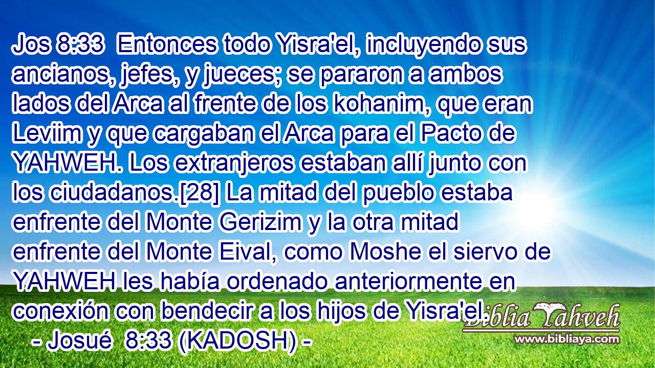  Entonces todo Yisra'el, incluyendo sus ancianos, jefes, y jueces; se pararon a ambos lados del Arca al frente de los kohanim, que eran Leviim y que cargaban el Arca para el Pacto de YAHWEH. Los extranjeros estaban allí junto con los ciudadanos.[28] La mitad del pueblo estaba enfrente del Monte Gerizim y la otra mitad enfrente del Monte Eival, como Moshe el siervo de YAHWEH les había ordenado anteriormente en conexión con bendecir a los hijos de Yisra'el. 