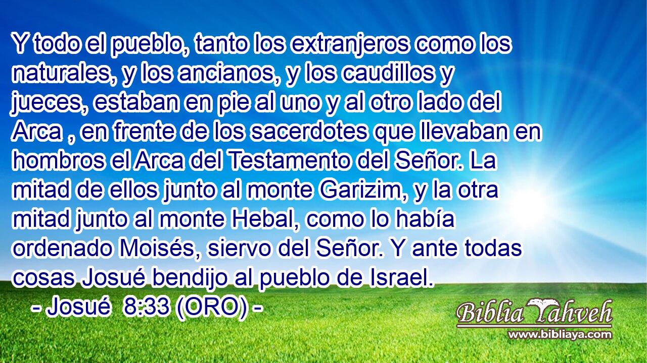  Y todo el pueblo, tanto los extranjeros como los naturales, y los ancianos, y los caudillos y jueces, estaban en pie al uno y al otro lado del Arca , en frente de los sacerdotes que llevaban en hombros el Arca del Testamento del Señor. La mitad de ellos junto al monte Garizim, y la otra mitad junto al monte Hebal, como lo había ordenado Moisés, siervo del Señor. Y ante todas cosas Josué bendijo al pueblo de Israel. 