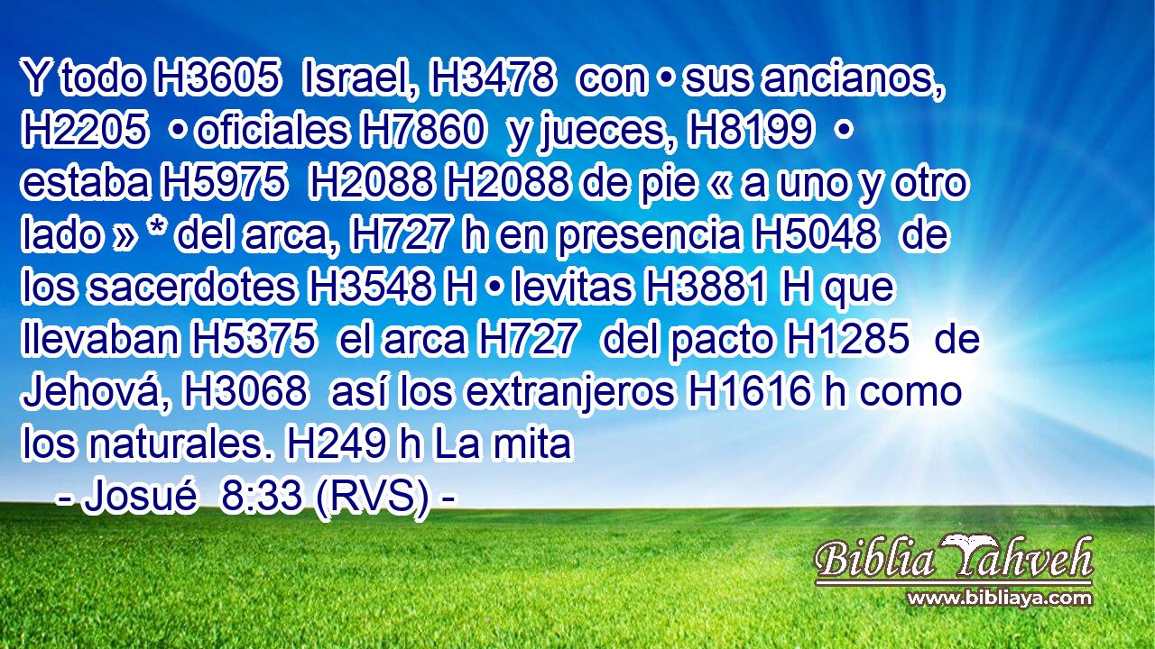 Y todo H3605  Israel, H3478  con • sus ancianos, H2205  • oficiales H7860  y jueces, H8199  • estaba H5975  H2088 H2088 de pie « a uno y otro lado » * del arca, H727 h en presencia H5048  de los sacerdotes H3548 H • levitas H3881 H que llevaban H5375  el arca H727  del pacto H1285  de Jehová, H3068  así los extranjeros H1616 h como los naturales. H249 h La mita